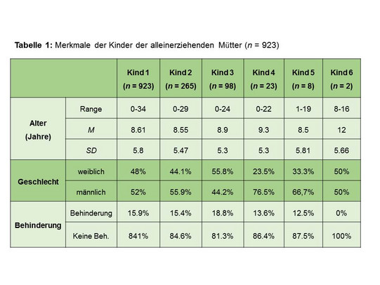 Tabelle: Merkmale der Kinder von alleinerziehenden Müttern Tabelle mit Merkmalen, wie Alter, Geschlecht und Behinderung der Kinder der alleinerziehenden Mütter für Kind 1, 2, 3, 4, 5 und 6.